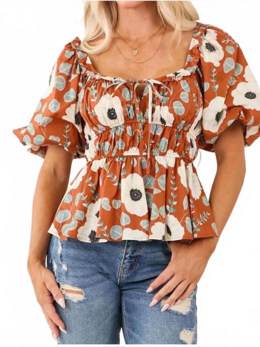 Puff Sleeve Peplum Top - Rust/Floral